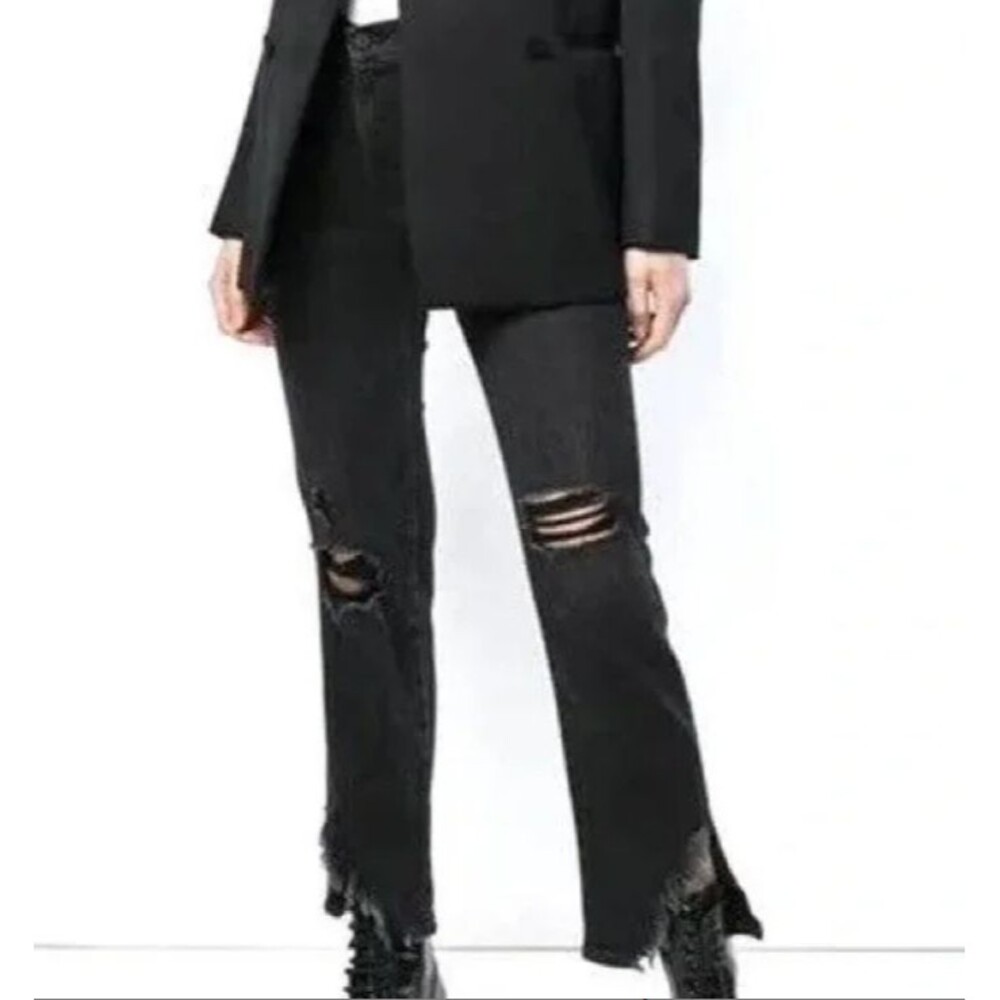 Frame Denim Le High Rise Straight Side Fray Distressed Killington Black Jeans 28